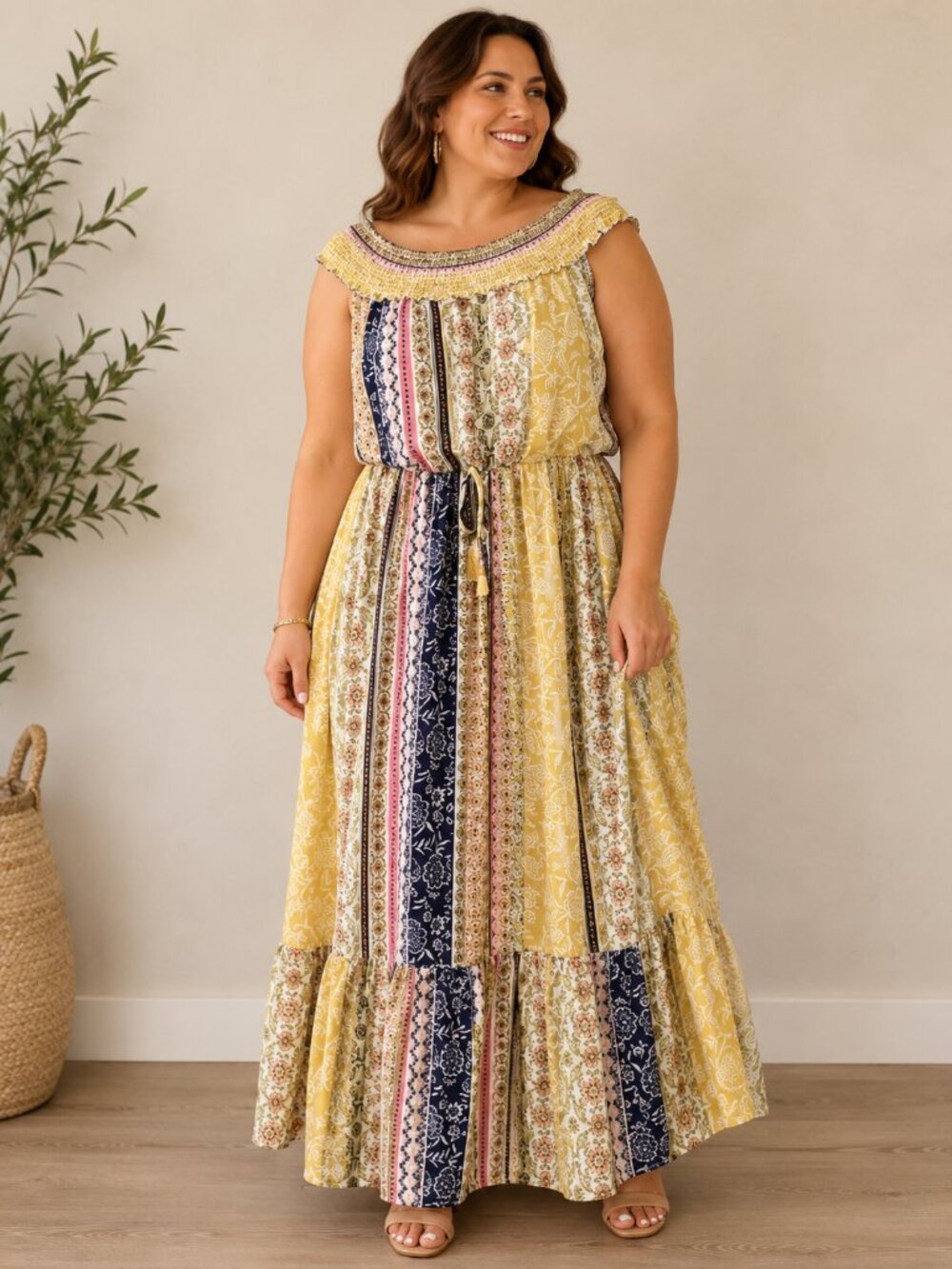 Bailey Blue L Multicolor Patchwork Maxi Dress Sleeveless Tie Waist Boho Floral